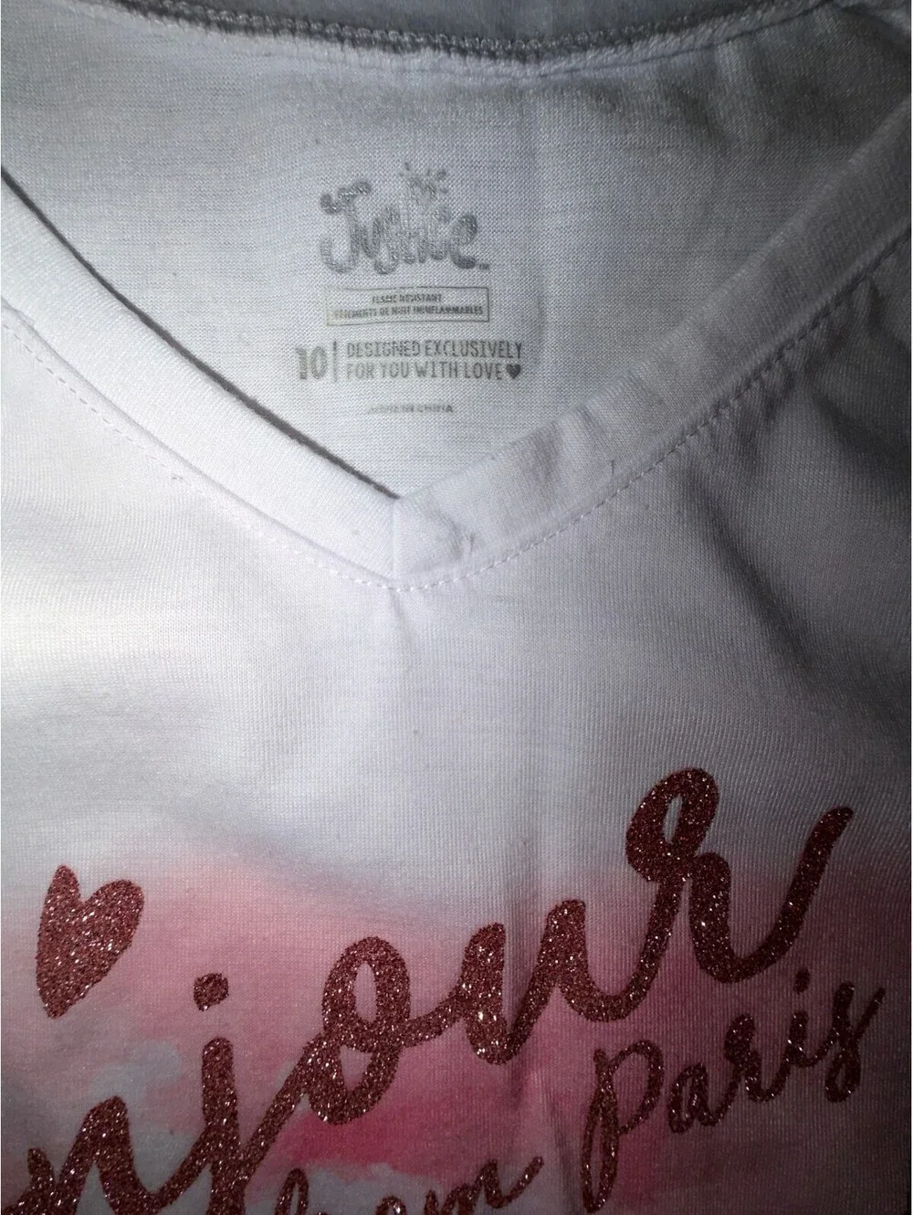 Justice Girls Size 10 White Bonjour Paris Dog Glitter Graphic T-Shirt